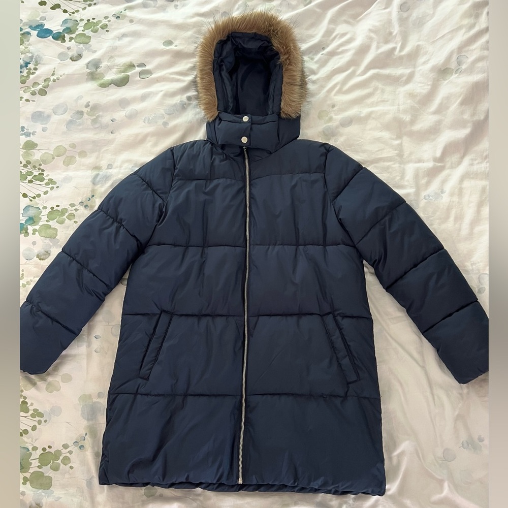 Old Navy Navy Blue Puffer Coat with Faux Fur Trim